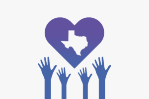 Illustration showing hands reaching up to heart with Texas cutout
