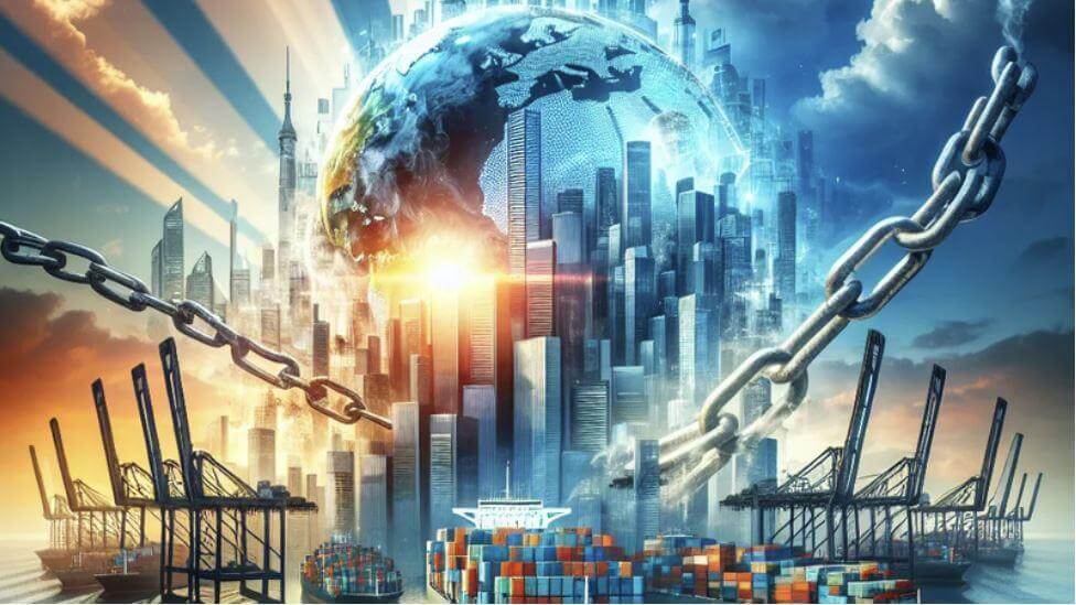 Globe, chains and shipping containers illustration