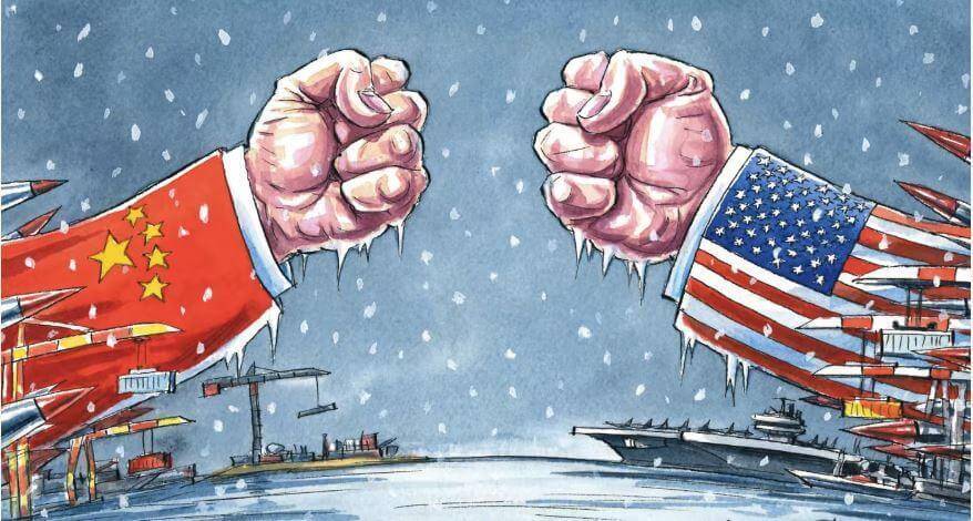 Illustration of two opposing fists with China and United States flag symbols on sleeves